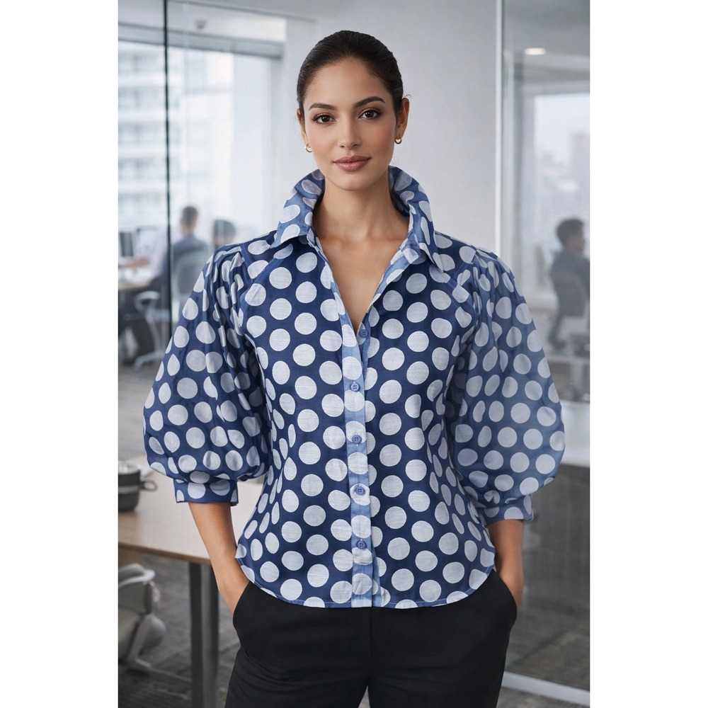 Gracia Polka Dot Blouse Women Size S Blue Excellent Puff Lantern Sleeve Top